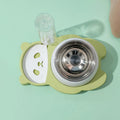 Grey and green panda-shaped elevated pet feeder with tilted stainless steel bowl and automatic water bottle.