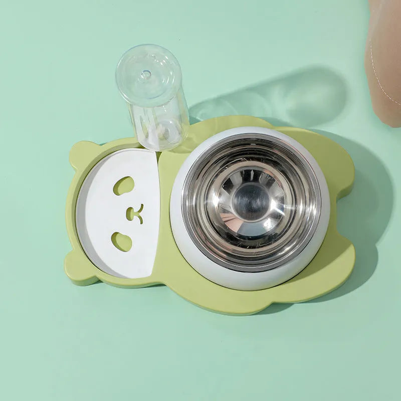 Grey and green panda-shaped elevated pet feeder with tilted stainless steel bowl and automatic water bottle.