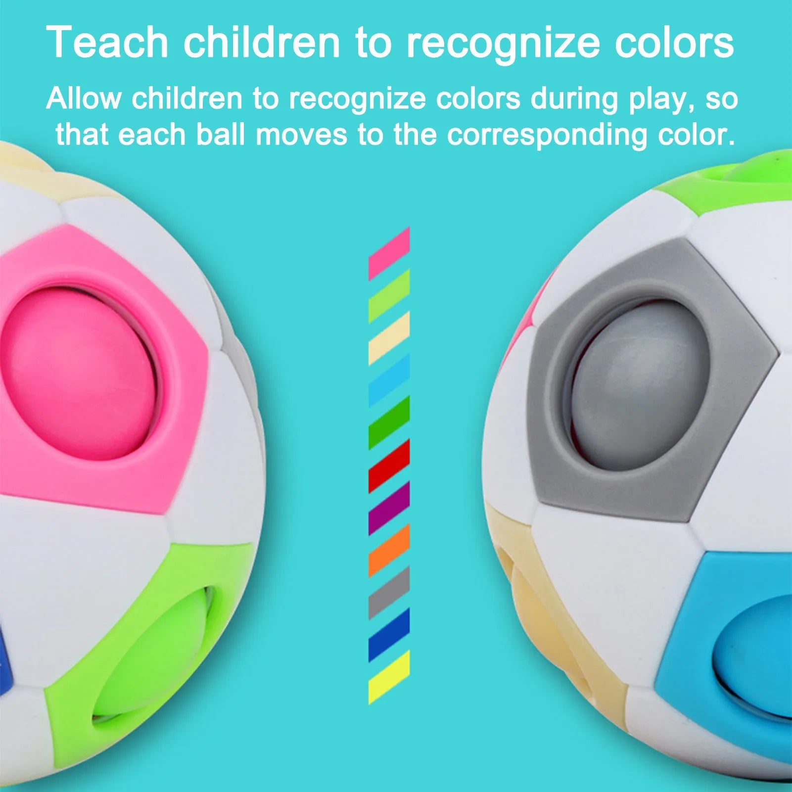 Rainbow coloured ball puzzle toy showing 11 moveable balls inside 7cm plastic sphere