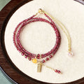 Wine red garnet bracelet necklace with three-circle design and beeswax cut surface texture