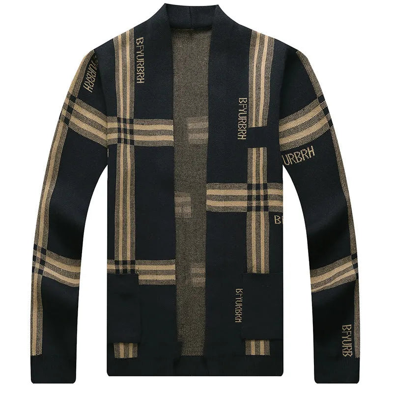 Men's long-sleeve knitted cardigan coat in camel colour, slim fit, side view on mannequin