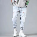 Plus size wide leg harem casual pants for men in black denim with tie closure mid-waist