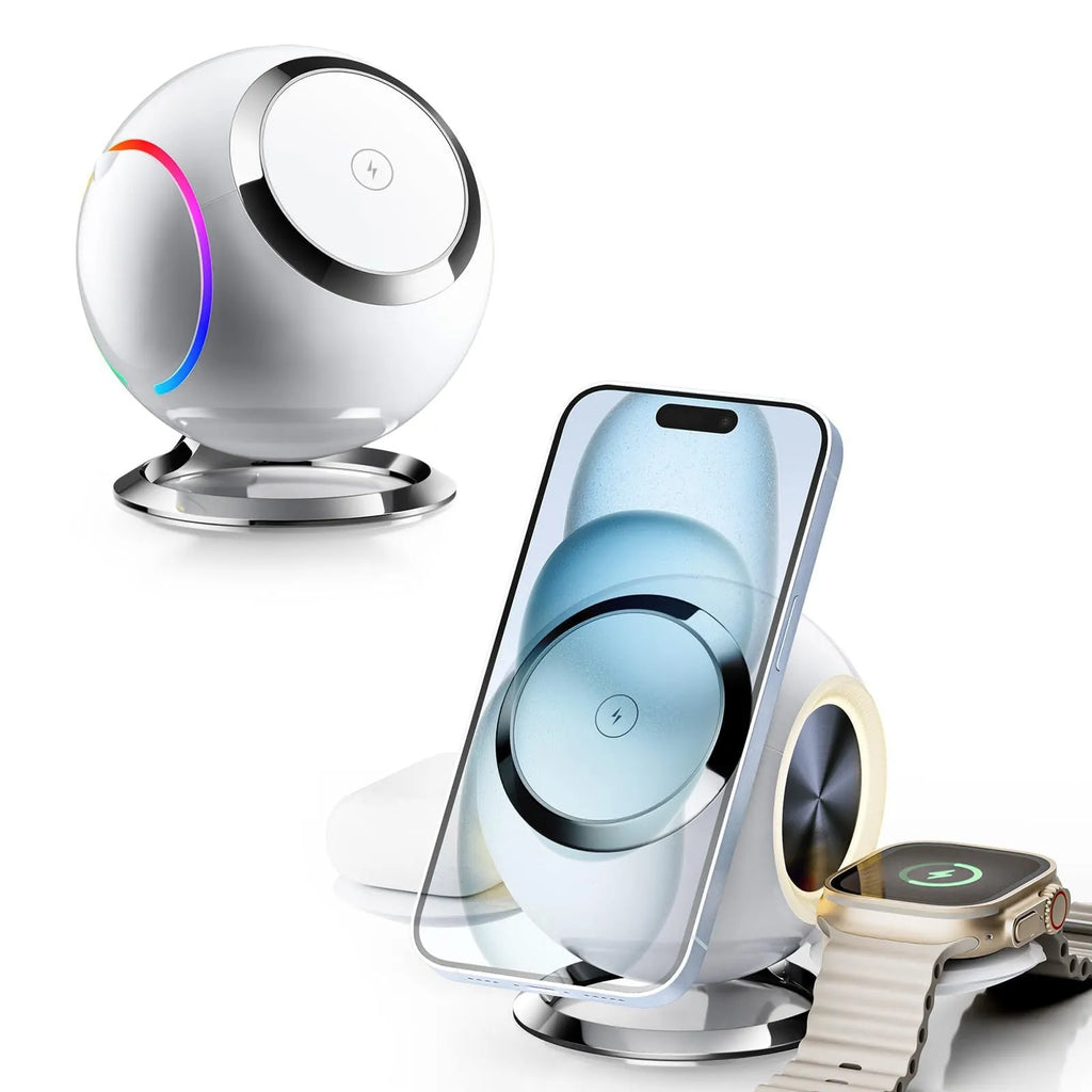 White spherical ambience light vertical magnetic wireless charger with LED glow on desk, 18W QC3.0