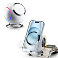 White spherical ambience light vertical magnetic wireless charger with LED glow on desk, 18W QC3.0