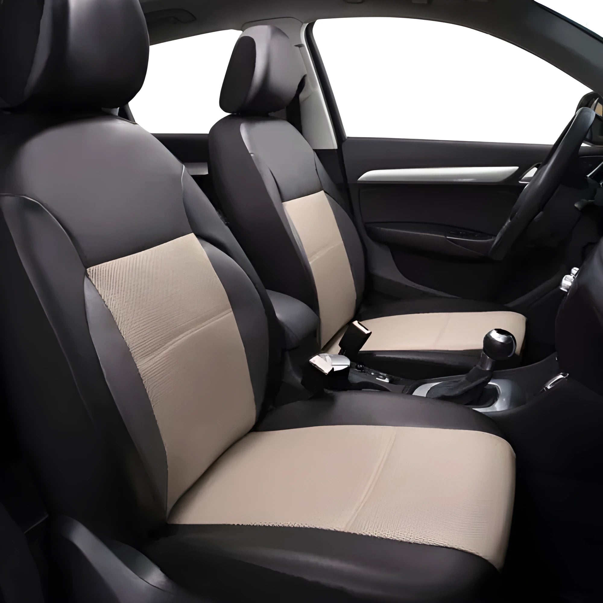 Black artificial leather car seat covers installed on front and rear seats with headrest covers.