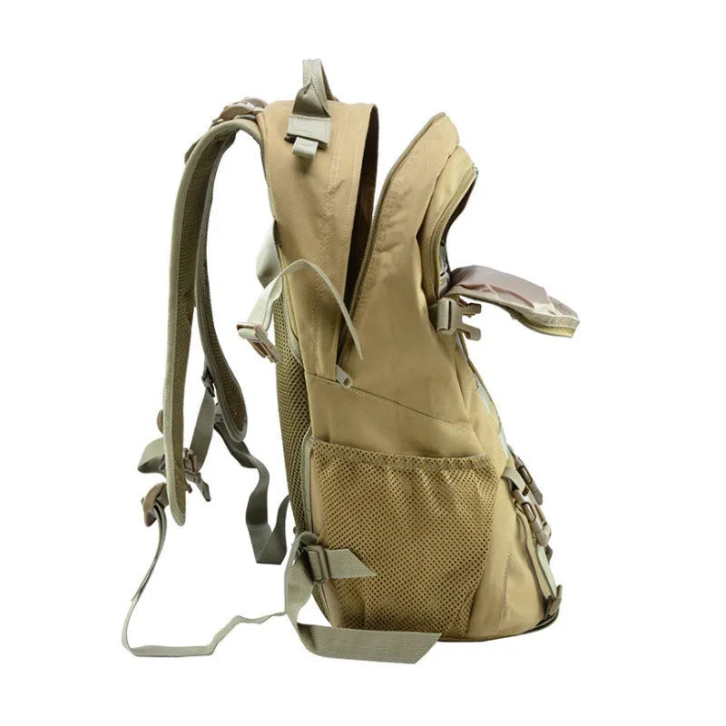 Khaki Oxford cloth mountaineering backpack with air pillow belt system on a rocky trail.