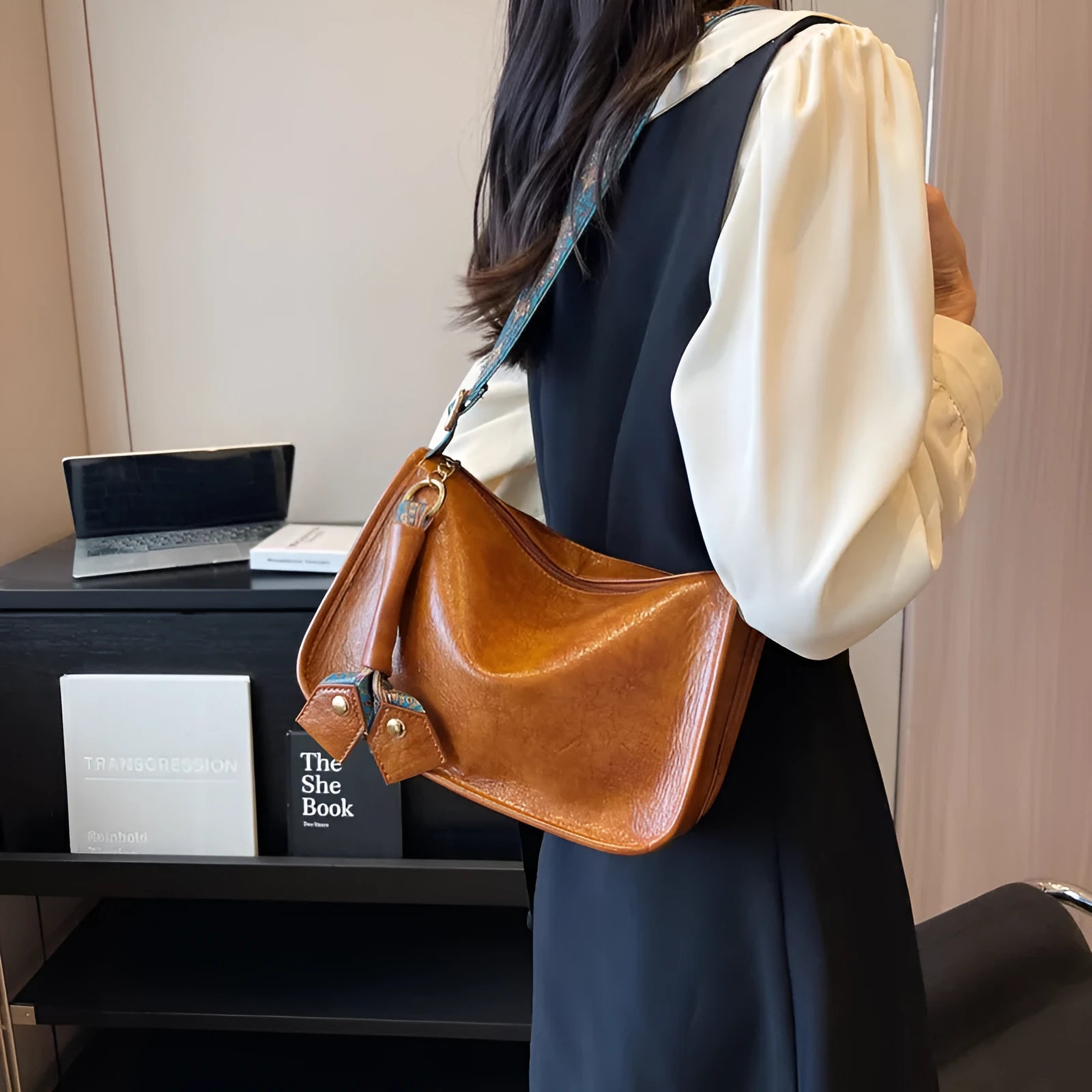 Casual single shoulder bag in solid colour, PU leather, wide strap, horizontal square shape, available in beige black coffee green brown