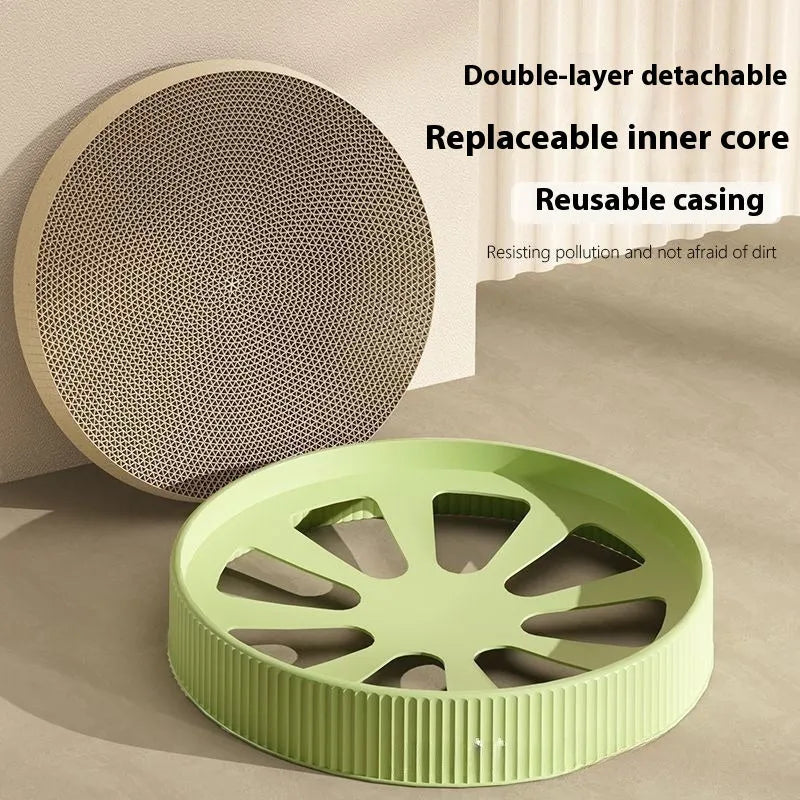 Round green and white cat scratching board with corrugated paper centre and two replacement refills.