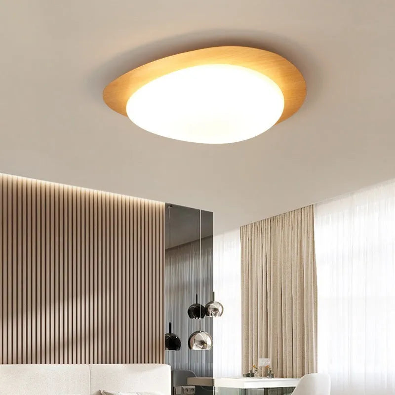 New Chinese style ceiling lamp with a wood-toned iron frame and white acrylic shade.