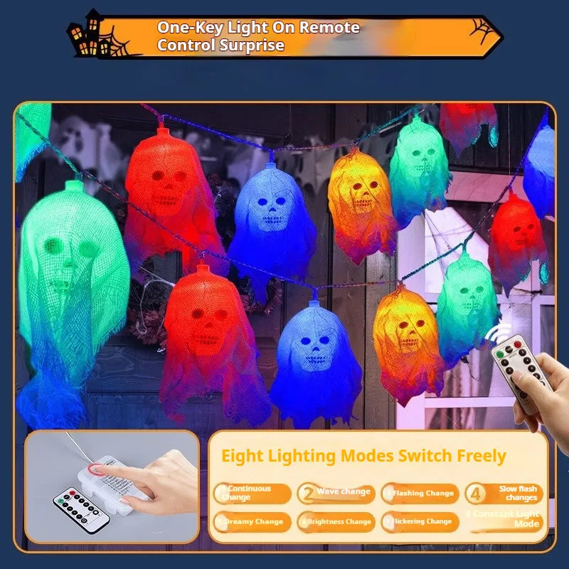 Halloween battery-operated LED string lights showing coloured and warm white options for indoor wall decoration