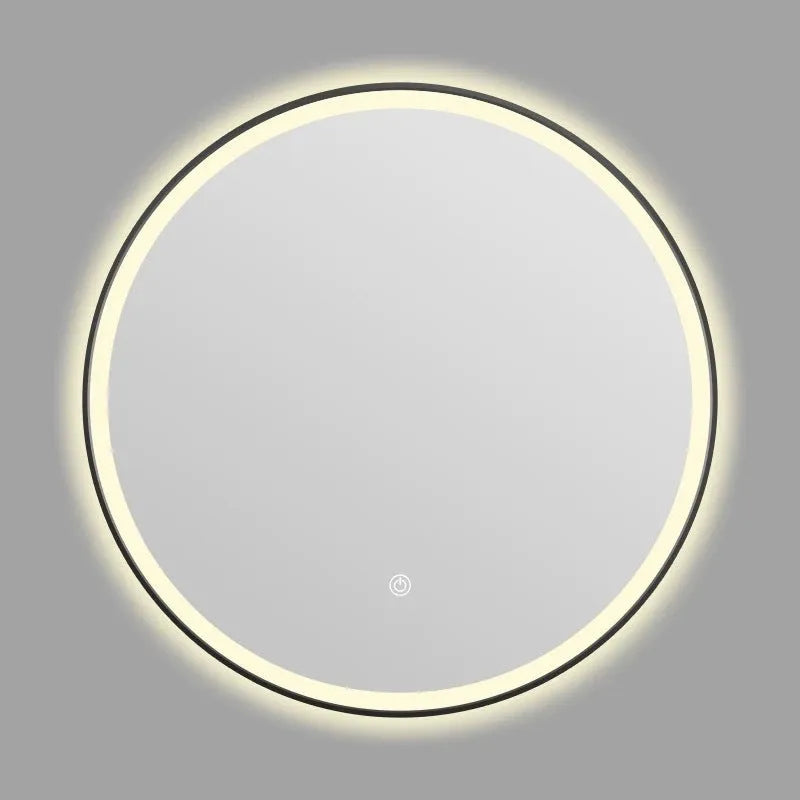 Round black aluminum frame smart bathroom mirror with integrated LED lighting on a wall.