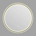 Round black aluminum frame smart bathroom mirror with integrated LED lighting on a wall.