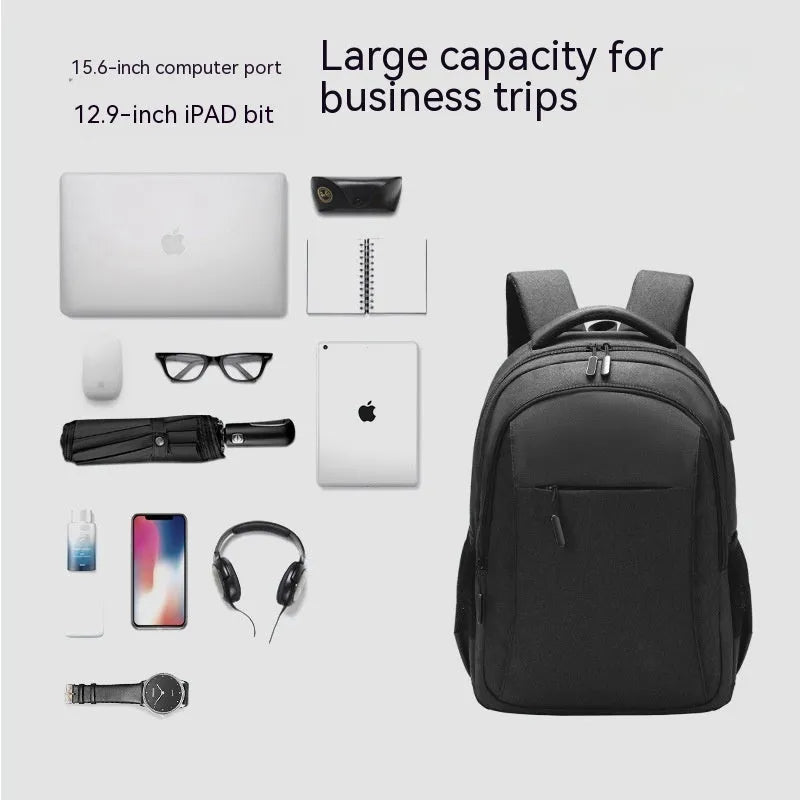 Men's large capacity Oxford cloth backpack in solid colour with sewing thread details, fits 17 inch laptop