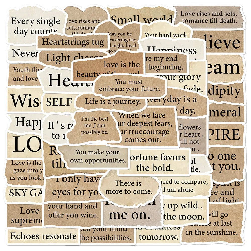 Pack of 25 tear English letter design PVC stickers for laptops, showing matte and glossy finishes.