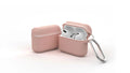Silicone protective case for Apple AirPods in a clamshell design with a metal buckle attached.