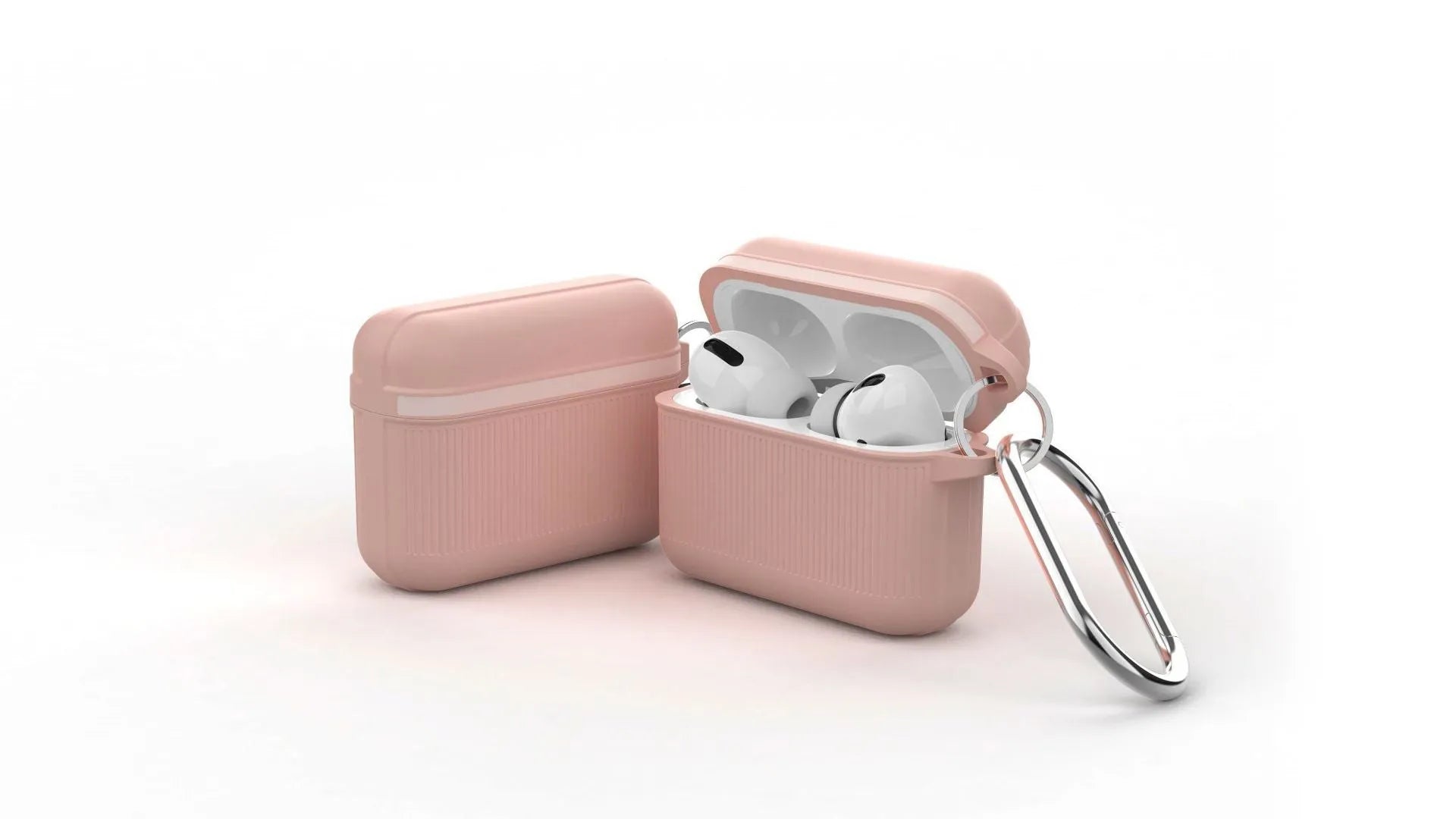 Silicone protective case for Apple AirPods in a clamshell design with a metal buckle attached.