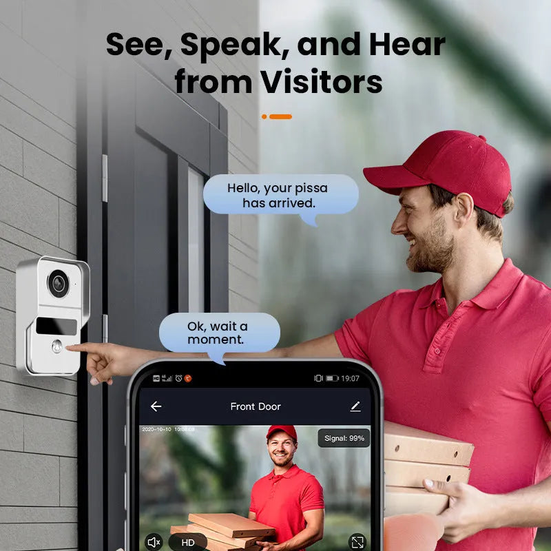 Video intercom doorbell system with outdoor unit and indoor display showing 1080P camera feed