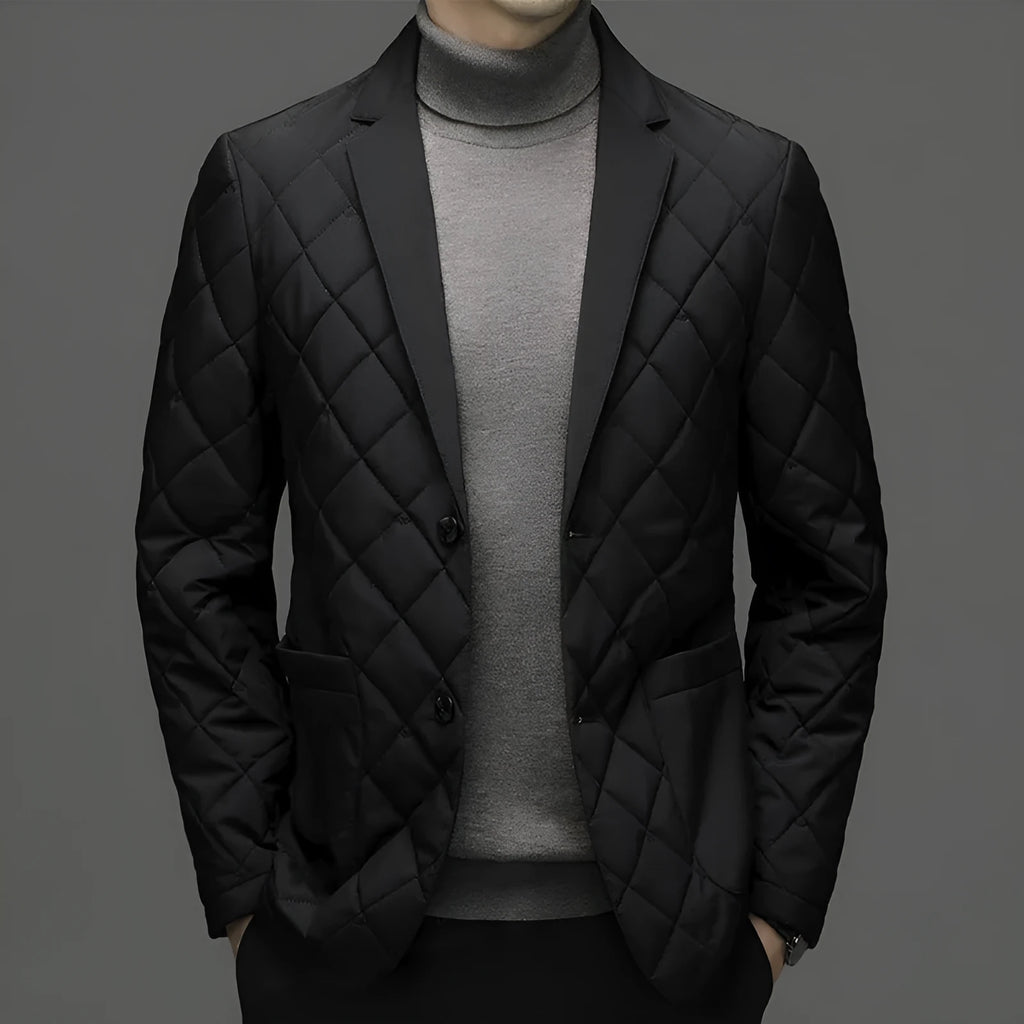 Men's thick lapel winter down jacket in black, shown with side seam pockets.