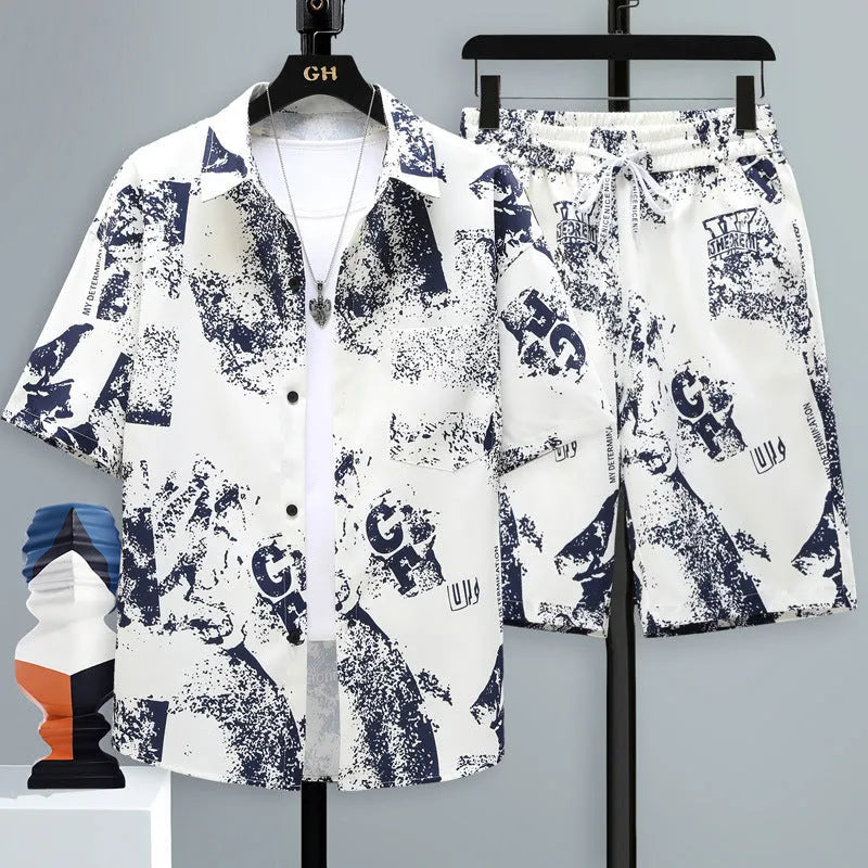 Men's casual polyester sports set with short sleeve top and matching shorts on a manikin.