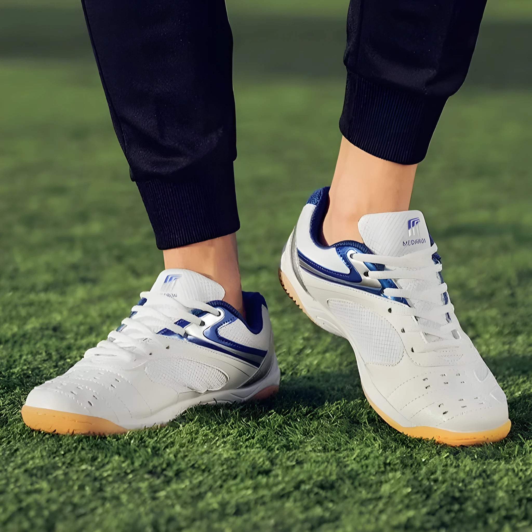 White table tennis sneakers with red trim, showing round toe and lace-up front.