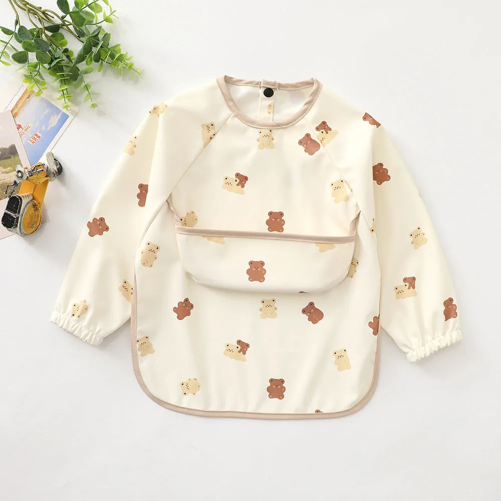 Children's long-sleeved PU upper pocket bib with cartoon pattern, pink dot colour, size S