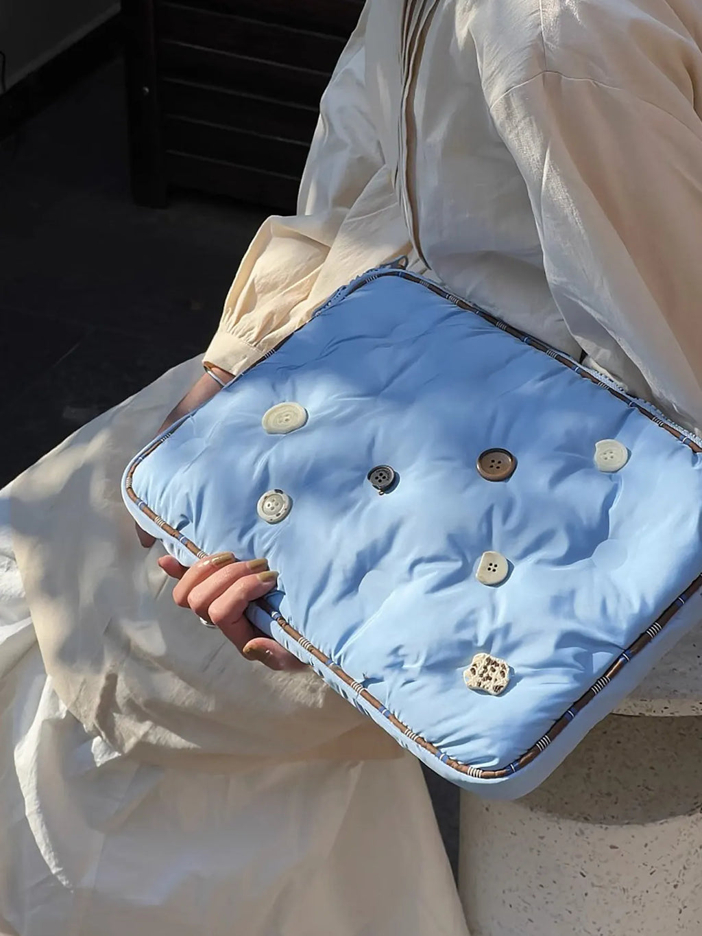 Blue plaid pattern nylon laptop sleeve for 13.3 to 16 inch computers with stowable design