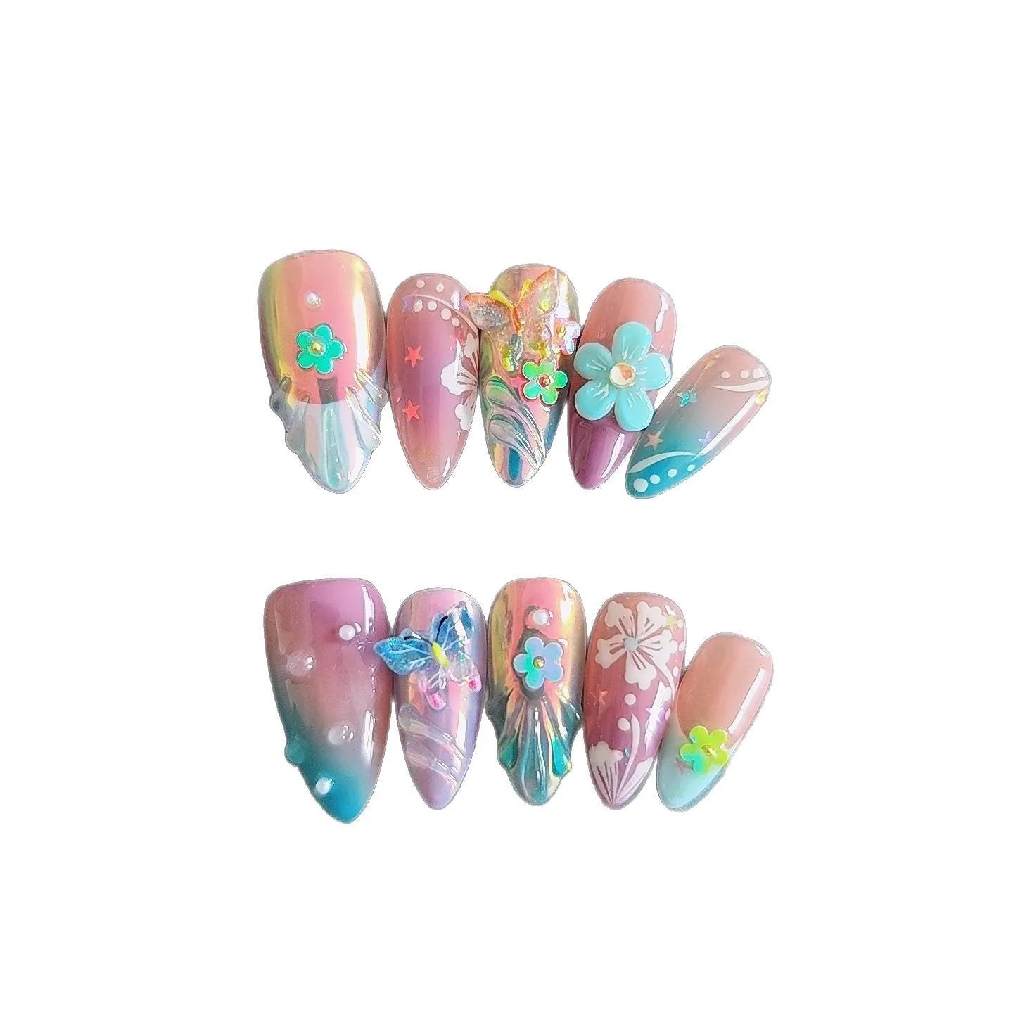 Handmade colourful flower and butterfly nail art decorations in four sizes