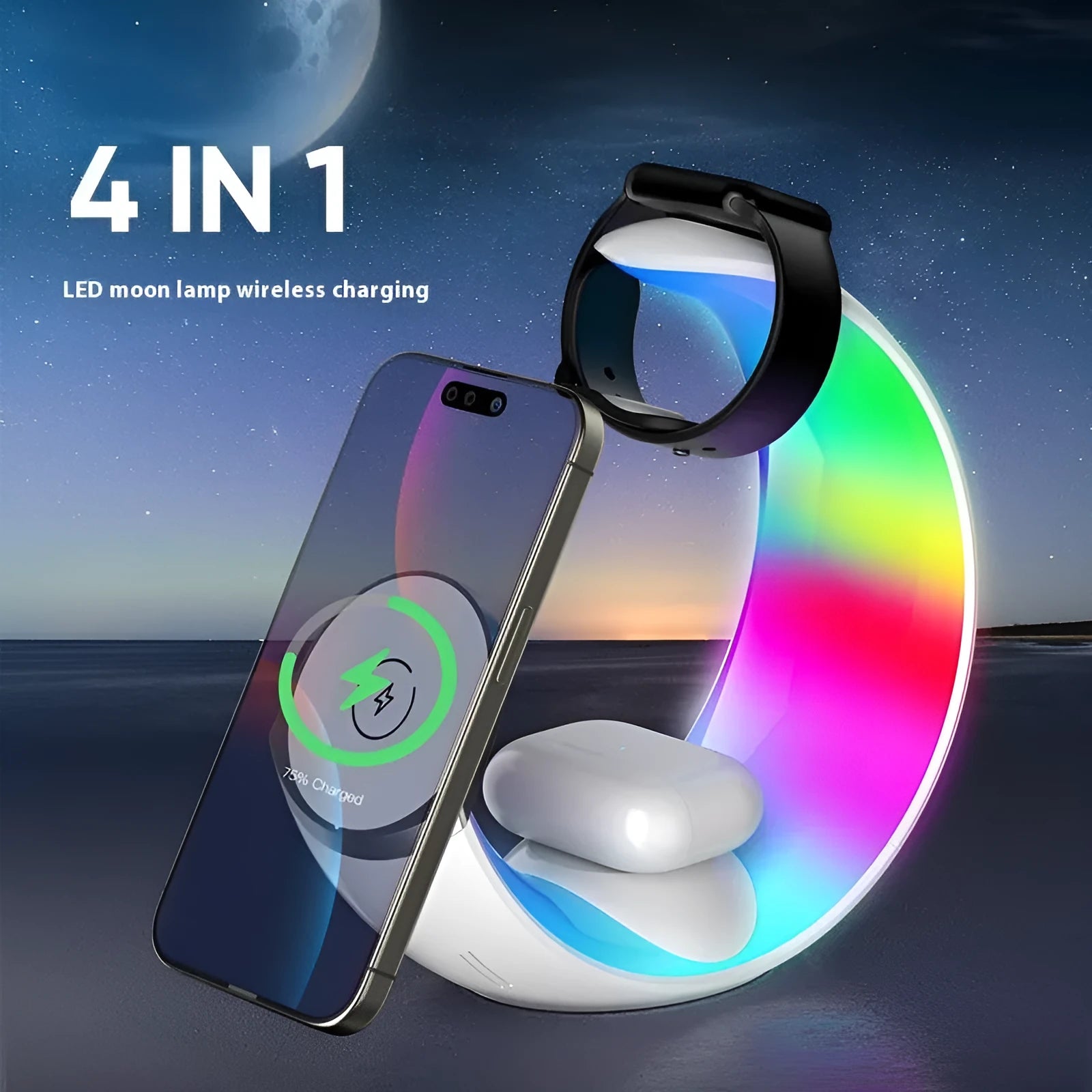 White wireless ambience night lamp and USB charger unit with Type-C port for phones and watches.