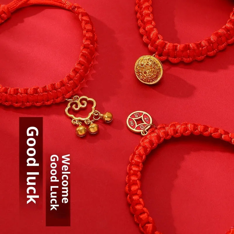Hand-woven red rope pet collar with alloy charm, adjustable 15-40cm, solid colour design