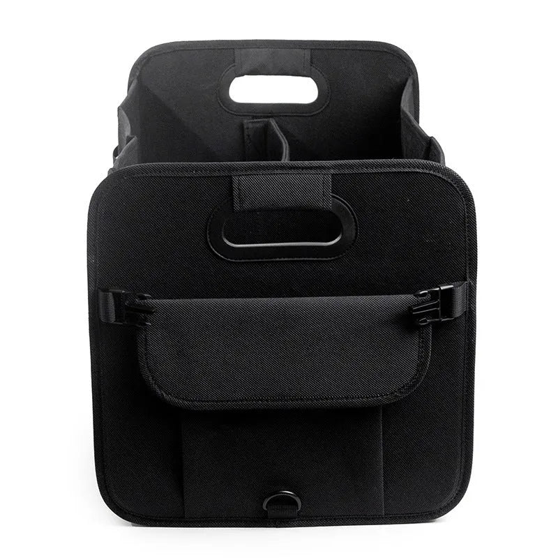 Foldable black car boot storage box with compartments and carry handle showing 56x32x32 cm dimensions