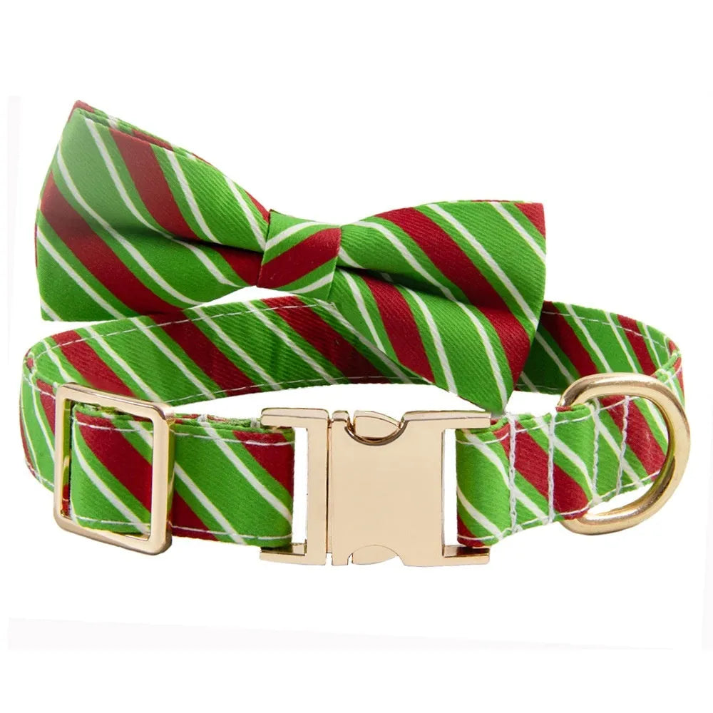 Striped green dog collar with an attached red bow knot, showing an engraved name on the collar surface.