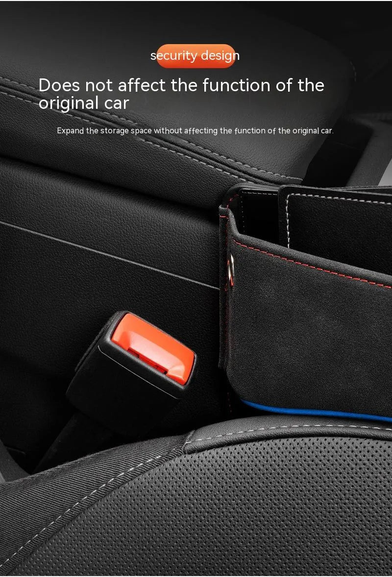 Leather car seat storage box with suede finish in beige, black, brown, green, or red.