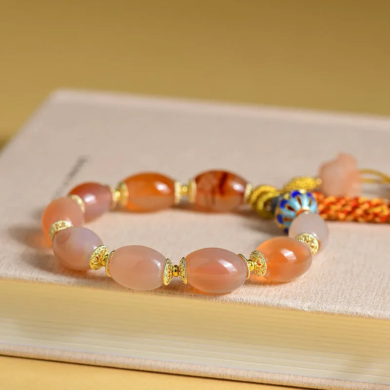 Jinsi jade agate Tibetan bracelet with lily flower and geometric bead designs