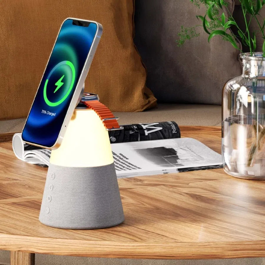 3-in-1 Magnetic Wireless Charging Bluetooth Speaker Night Light in gray finish showing device on a desk