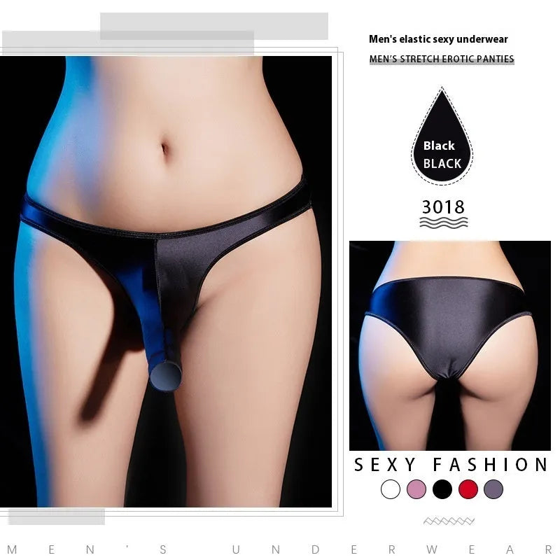 Men's shiny nylon T-back low waist underwear in black, red, white, pink, and dark grey.