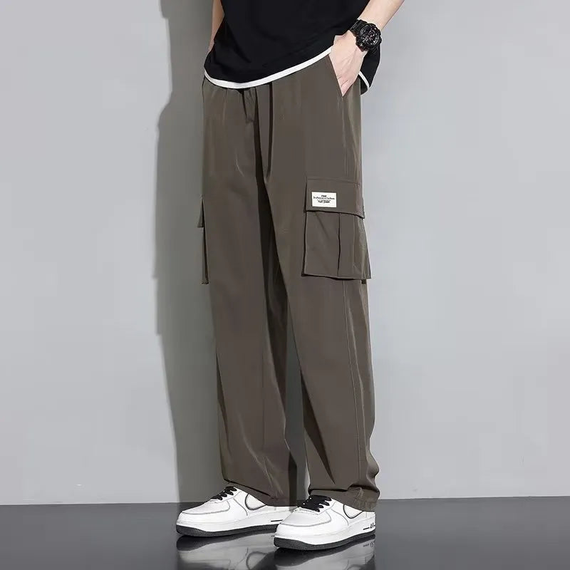 Men's summer ice silk overalls set with short sleeves in black, dark gray, brown green, and white, sizes M to 5XL