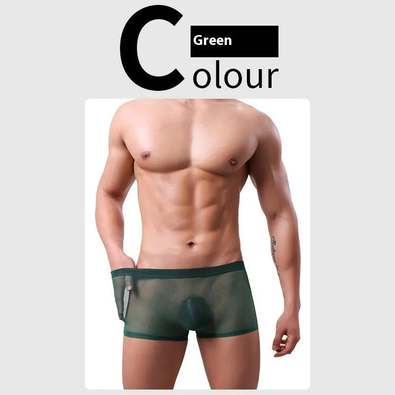 Men's mesh boxer briefs in thin sheer polyester fabric showing low waist design