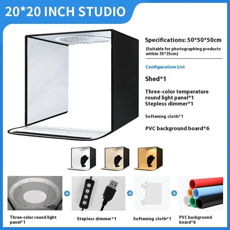 50cm studio small light box with metal frame and reflective cloth, showing folded LED light board and USB plug