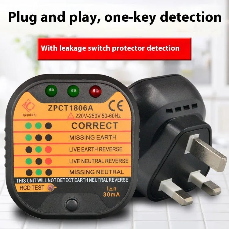 Black handheld electrical socket tester with LED lights for detecting wiring faults in UK, EU, or US outlets.