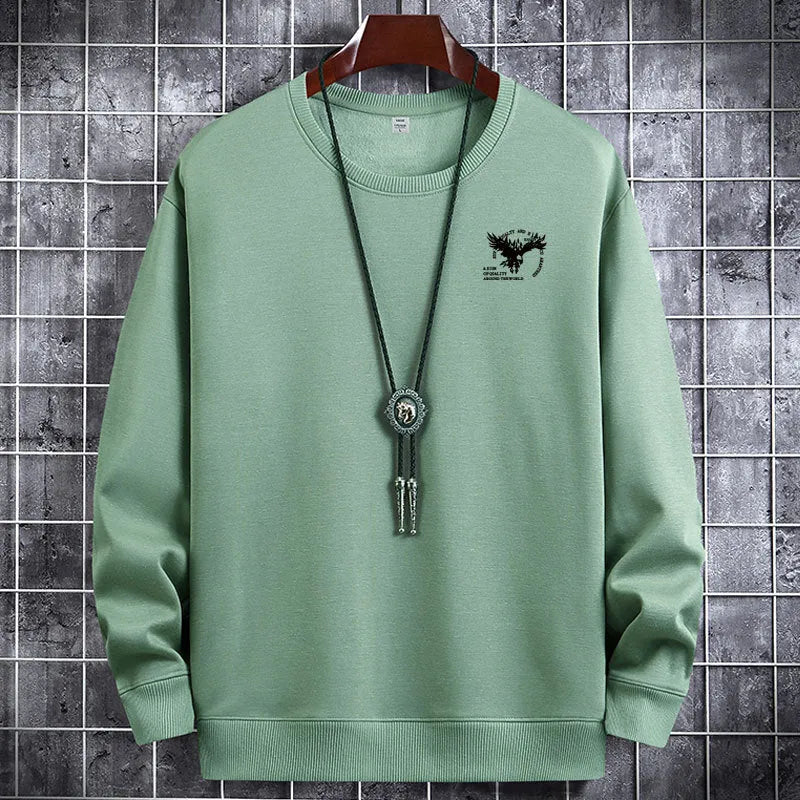 Men's round neck cotton sweater long sleeve thermal pullover in multiple colours including black and khaki
