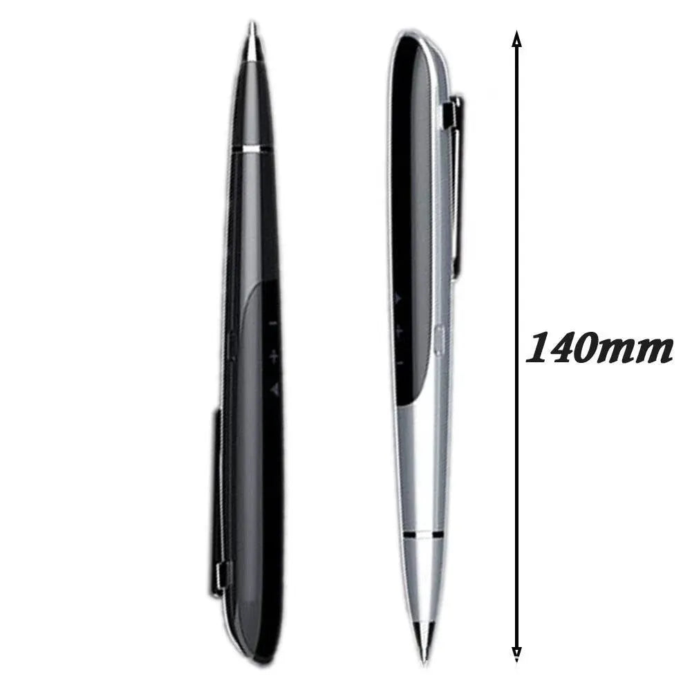 Black digital recording pen with OLED display screen and zinc alloy casing next to included headphones and data cable.