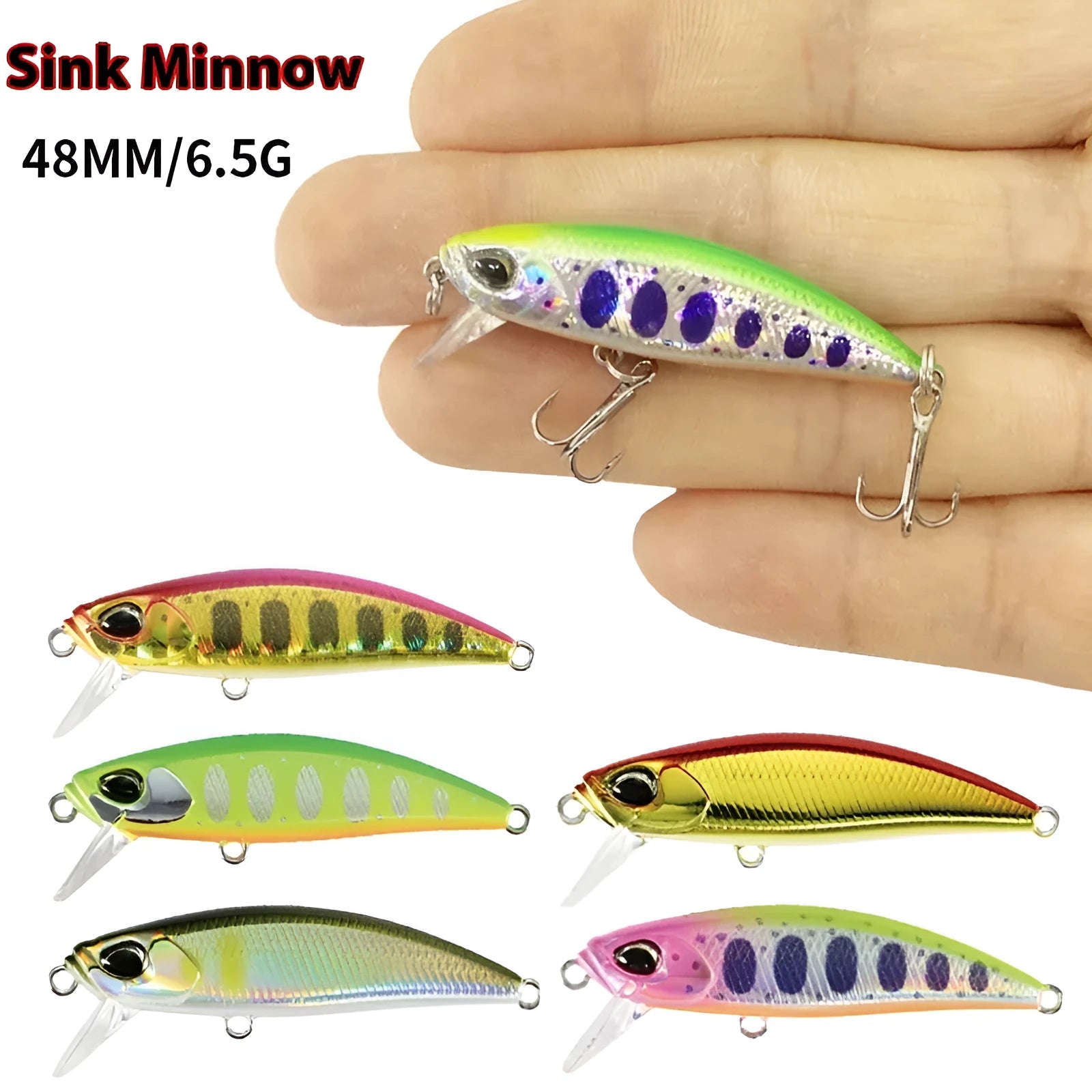 Tossing Japanese 48mm submerged minnow fishing lure in assorted colours for mandarin fish and snakehead.