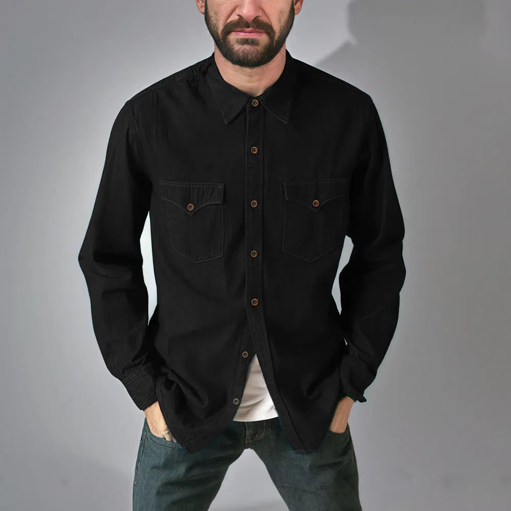 A regular-fit denim cardigan coat in khaki hanging on a rail.
