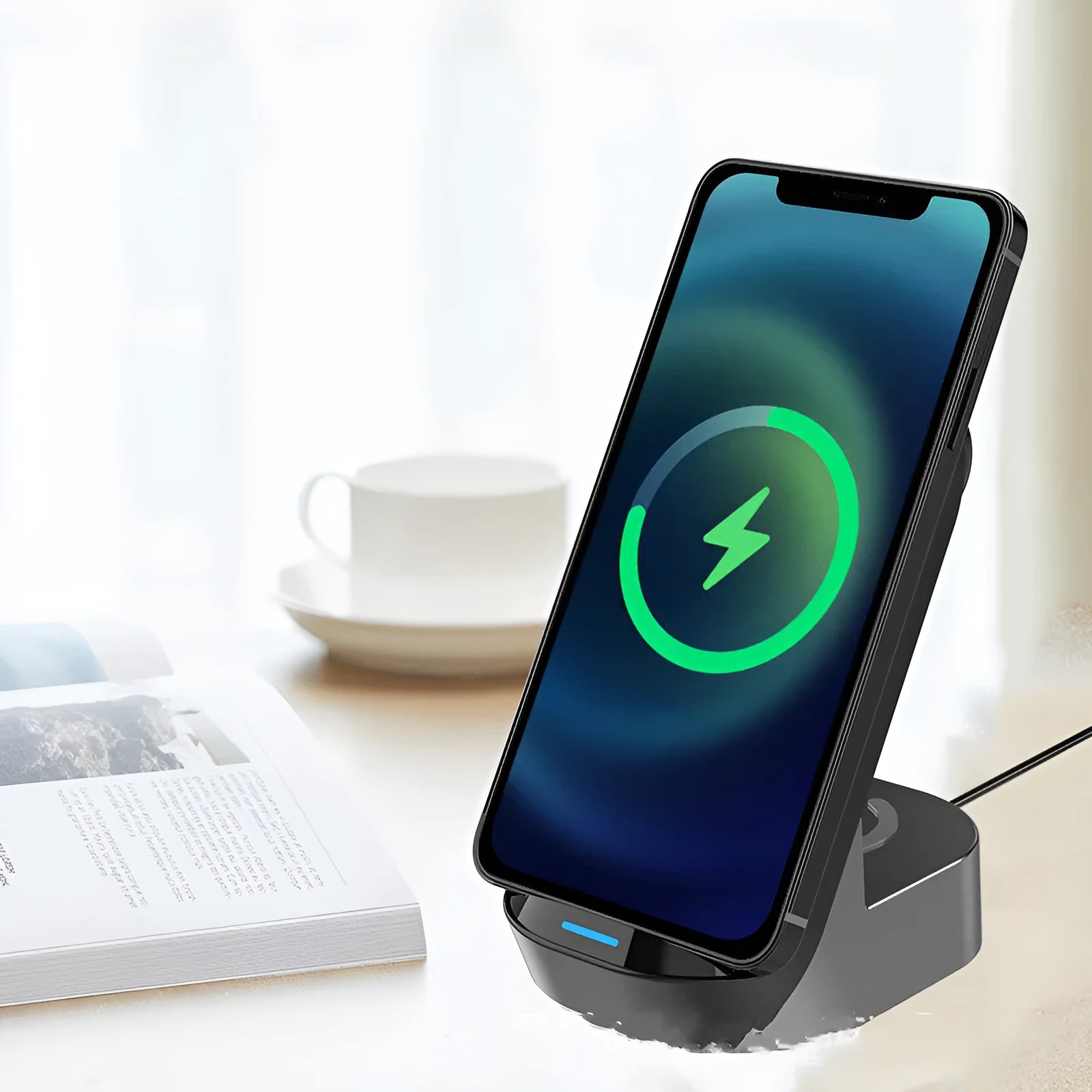 Black grey foldable 3-in-1 wireless charger stand with phone, smartwatch, and earbuds case charging vertically