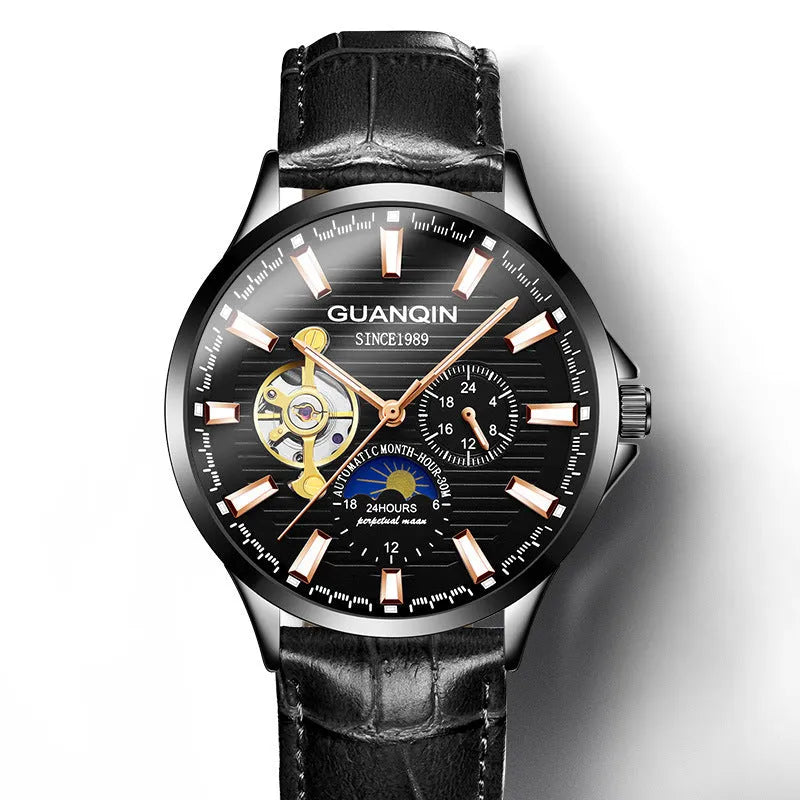 Men's automatic skeleton mechanical watch with 42mm dial, sapphire crystal glass, and genuine leather strap on a white background
