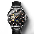 Men's automatic skeleton mechanical watch with 42mm dial, sapphire crystal glass, and genuine leather strap on a white background