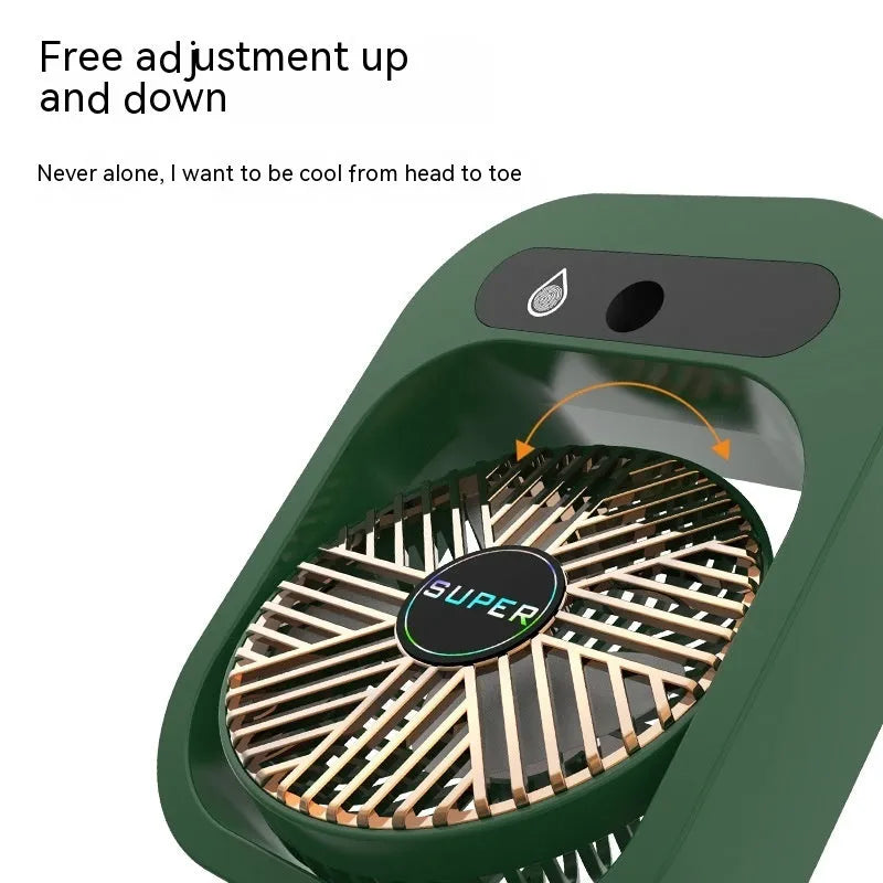 Green and white USB rechargeable portable desk fan with misting humidifier function and adjustable wind direction.