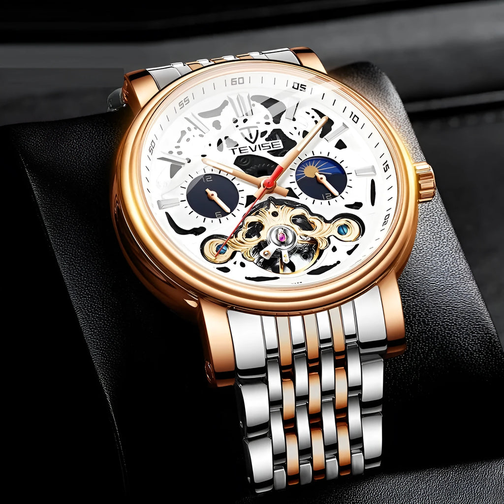 Men's tourbillon mechanical watch with skeleton dial and luminous markers on stainless steel bracelet