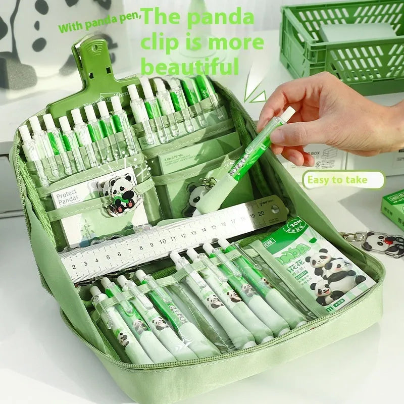 Green Korean style panda pencil case with 12 layers for large capacity stationery storage