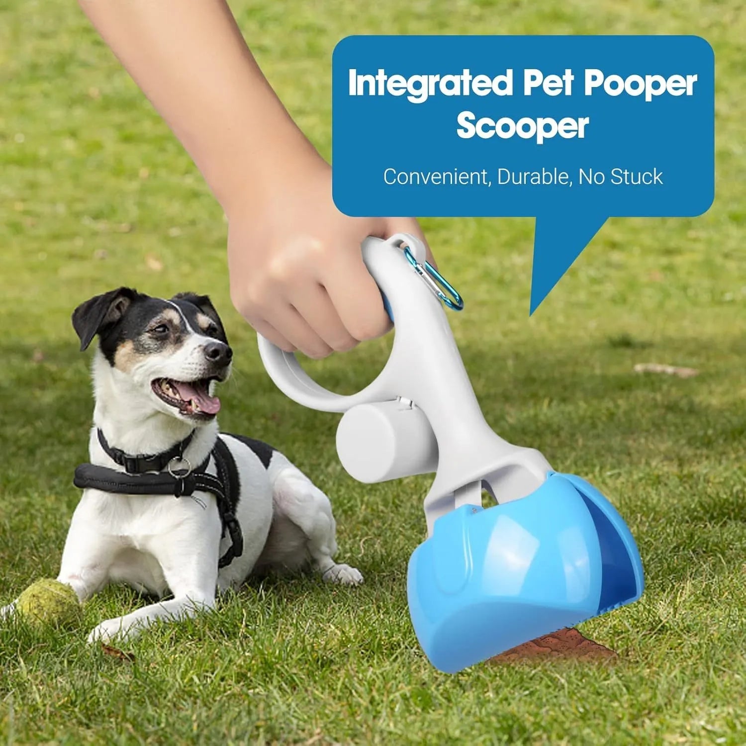 Heavy-duty ABS plastic pet pooper scooper with built-in trash bag holder in blue